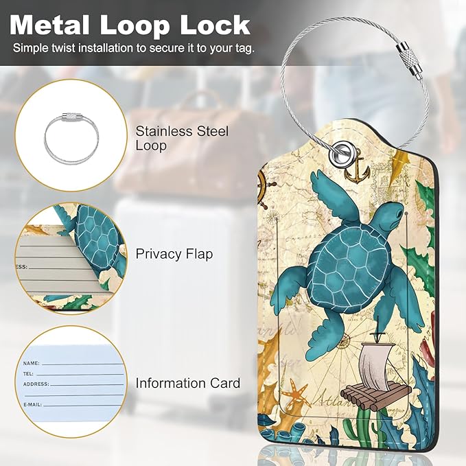 2Pack Luggage Tags for Suitcases, Cute Unique Pu Leather Cruise Luggage Tag with Privacy Cover ID Label Address Card and Metal Ring Suitable for Women Men Kids Travel Bag Turtles