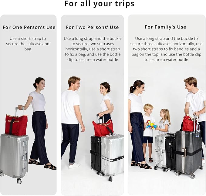 Luggage Straps 3 PCS for Suitcases TSA Approved 2 Short & 1 Long Adjustable Straps with Elastic Thick Rope for Connecting Suitcases and Bags Stably with Strap Buckle and Bottle Buckle Clip, Black
