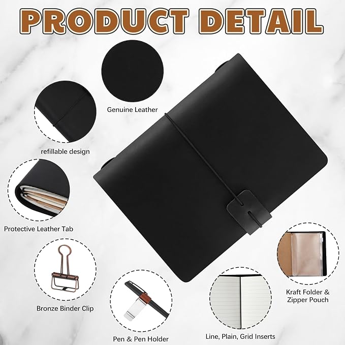 Thenshop Travelers Refillable Leather Journal Notebook Travel Diary Handmade Passport Travelers Journal for Men and Women with 3 Notebook Inserts, Pen Holder, Binder Clip(Black,Passport Size)