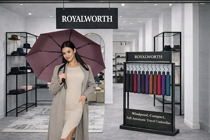 Windproof Travel Umbrella - Compact, Light, Full Automatic Open/Close - Folding Backpack Umbrella for Rain & Sun UV Preotection For Men & Women, Unbreakable 8 Fiberglass Ribs UK Design