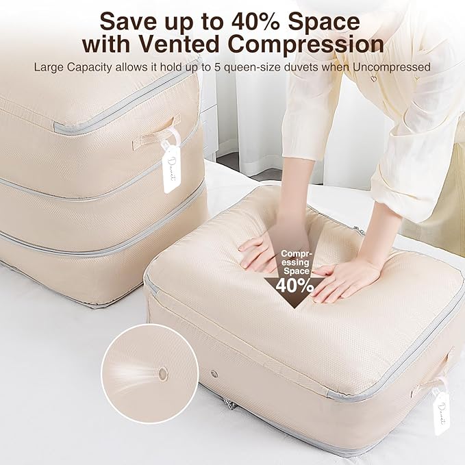 6 Pack Compression Storage Bags - 110L Large Capacity Comforter Storage Bag, 3-Layer Washable Ultra Space Saving Self Compression Organizer Space Bags for Blankets, Sweaters, Sheets, Beige