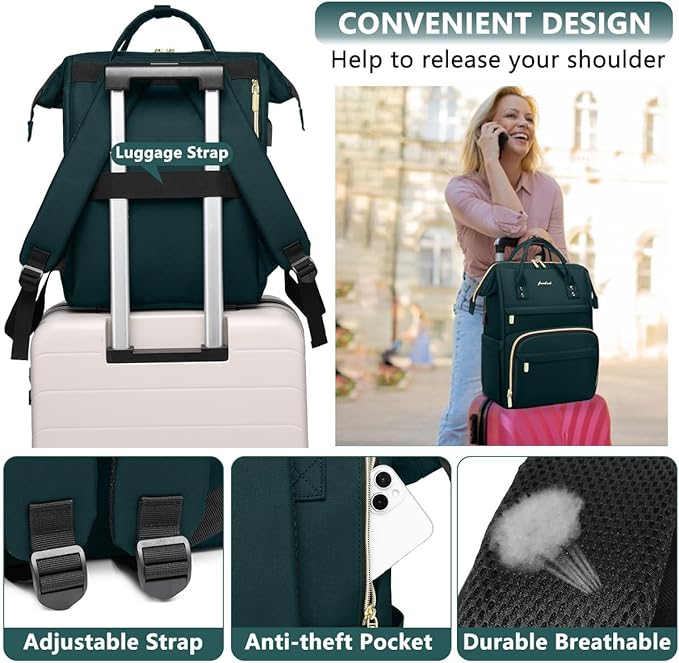 Focdod Women Laptop Backpack Work Bag - Fits 15.6 inch with Laptop Compartment Waterproof Professional Fashion Travel Purse for College Nurse Business Computer Backpack Dark Green