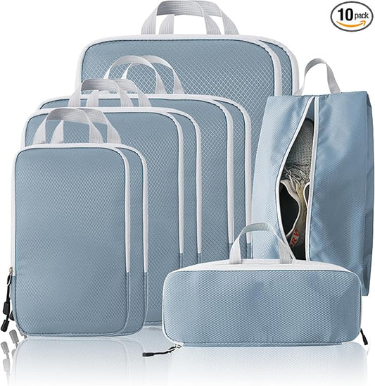 Compression Packing Cubes, 10 Set Packing Cubes for Travel Compression, Lightweight Compressible Package Organizer for Carry On and Suitcases, LakeBlue and Grey