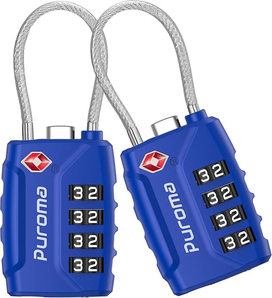 Puroma 2 Pack TSA Approved Luggage Locks, 4 Digit Combination Travel Cable Locks Resettable Code Lock with Zinc Alloy Body for Suitcase, Toolbox, Backpack, Bag, Gym Locker (Basic Blue)
