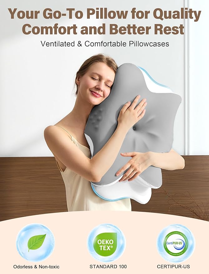 Cervical Neck Pillow for Pain Relief – Ergonomic Memory Foam Pillow for Side Sleeper Contour Orthopedic Bed Cooling Pillow for Neck Support – Ideal Christmas Birthday Gift for Women Men - Grey