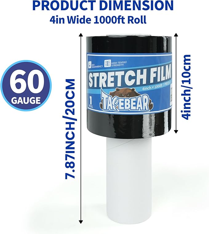 TAPEBEAR Black Stretch Wrap Film 4" x 1000Ft Shrink Wrap Roll with Handle, 60 Gauge Thick Durable Self-Adhering Plastic Wrap Industrial Strength Pallet Shrink for Moving, Packing, Storage