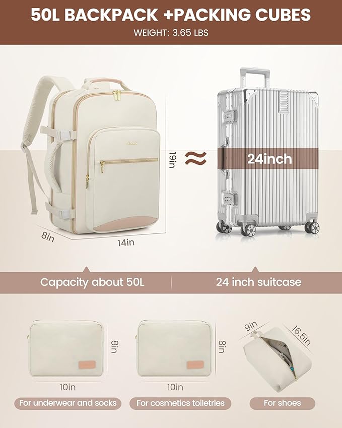 LOVEVOOK Travel Backpack for Women & Men 50L,Airline Approved Carry On Backpack Travel Essential,TSA Carry on Luggage,Waterproof Personal Item Travel Bag,Suitcase with 3 Packing Cube,Beige-Flesh beige