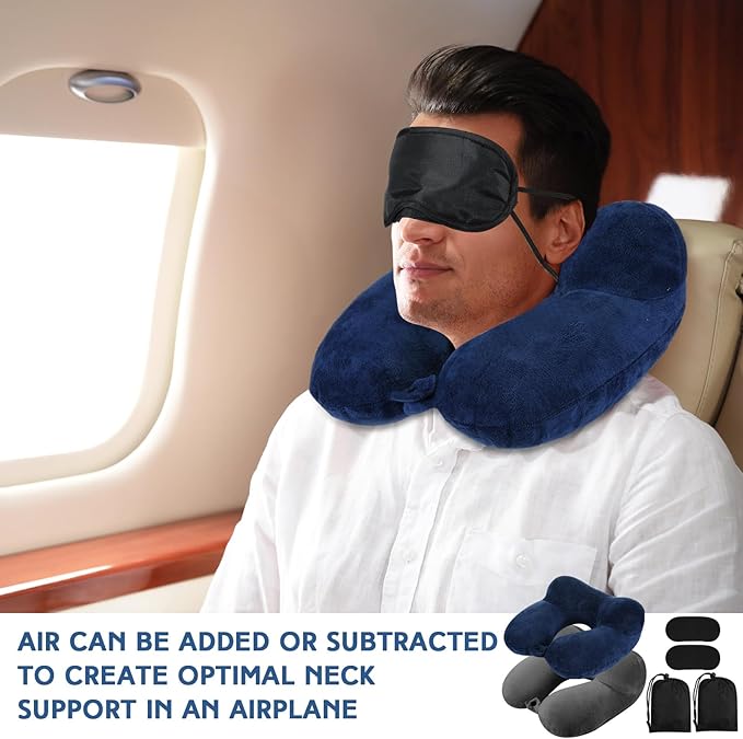 Sintuff 2 Pack Inflatable Travel Pillow for Airplanes Inflatable Neck Flight Pillows with Compact Bag and Blindfold for Traveling, Airplane, Train, Car, Office(Blue and Dark Gray)