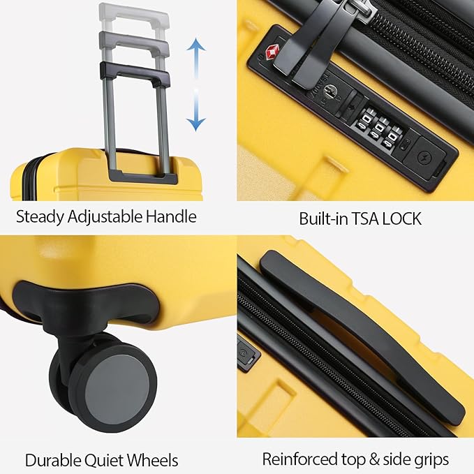 KROSER Hardside Expandable Carry On Luggage with Spinner Wheels & Built-in TSA Lock, Durable Suitcase Rolling Luggage with USB Port, Carry-On 20-Inch Yellow