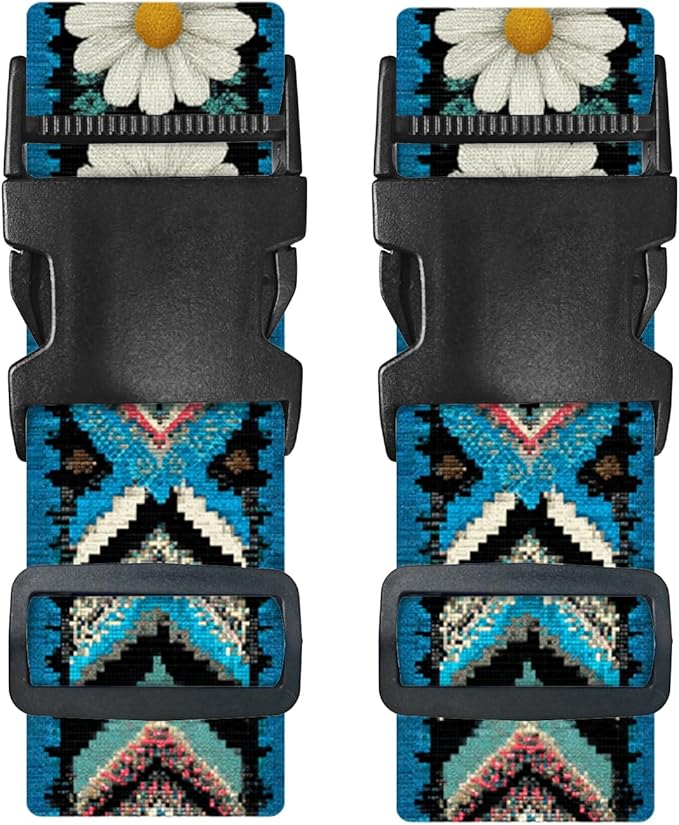 Nuxovilar Luggage Straps of 2 Set Ethnic Style & Daisies Pattern, 1.96x90.5 inches - Luggage Straps for Suitcases, Great for Cultural Trips, Outdoor Events, Daily Travel