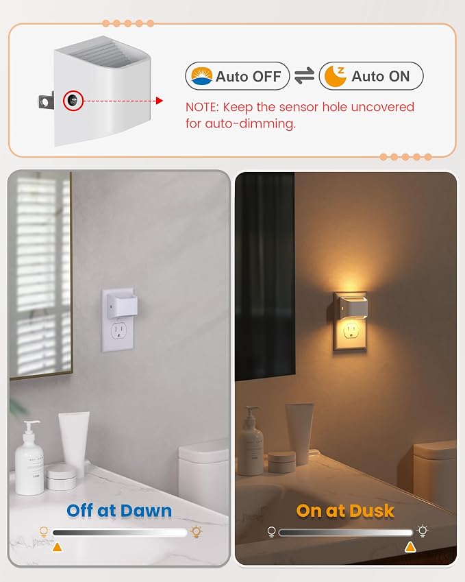 Plug in Night Light, Auto Brightness Sensor Night Light, 3000K Warm White, Ultra-Slim Wall Light for Hallway Bathroom Bedroom Stairs, White, 8 Pack