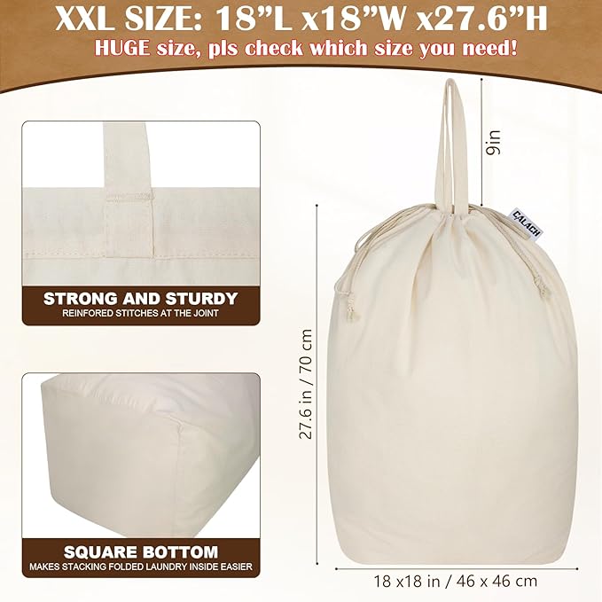 Canvas Laundry Bags with Handles & Square Base18"Lx18"Wx27.6"H, Extra Large Heavy Duty Laundry Basket Hamper Liner, Washable Drawstring Dirty Clothes Bag Canvas Storage Sack (Beige XXL,1 Pack)