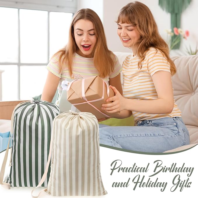 SATINIOR 2 Pcs Stripe College Laundry Bag Green Beige Canvas Travel Laundry Bags with Drawstring Shoulder Straps 29" x 18" Washable Dirty Clothes Hamper Organizer for Dorm Laundromat Apartment Camping