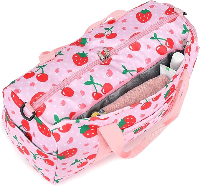 Duffle Bag for Girls Kids Overnight Bags Cute Strawberry Cherry Dance Sports Bag Travel Tote with Shoe Compartment and Wet Pocket