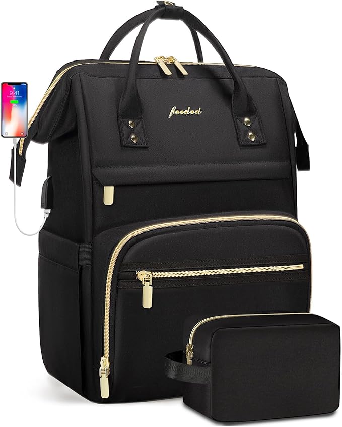 Focdod Backpack for Women 15.6 Inch Laptop Backpack Work Business Backpacks Purse Waterproof Computer College Backpacks Nurse Bag Backbag 2 Sets Casual Daypack for Travel Black