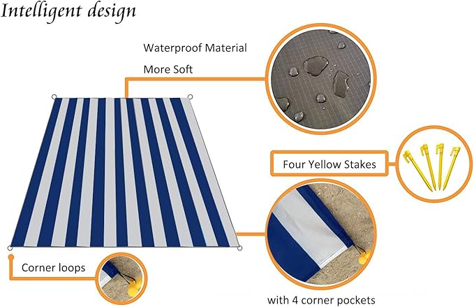 Pocket Blanket 71"x55", Lightweight Compact Sandproof Waterproof Outdoor Blanket for Beach, Hiking, Camping, Travel, Festivals, Picnic with Pockets, Loops, Stakes, Carabiner