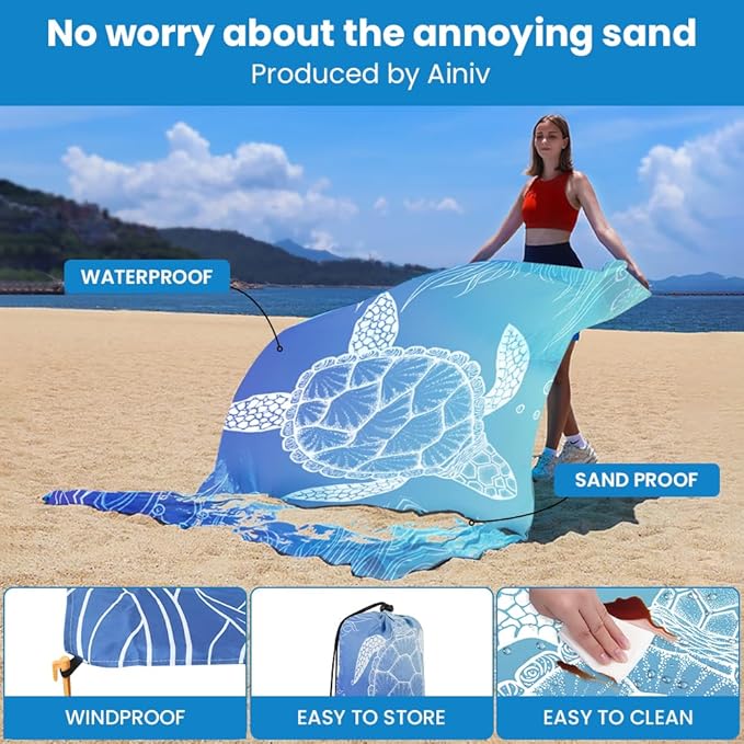 Ainiv Beach Blanket, Large Picnic Mat 210 x 200 cm (4-6 People) Foldable, Sandproof Waterproof, Camping Outdoor Blanket with 6 Fixed Nails for Beach, Hiking, Picnic