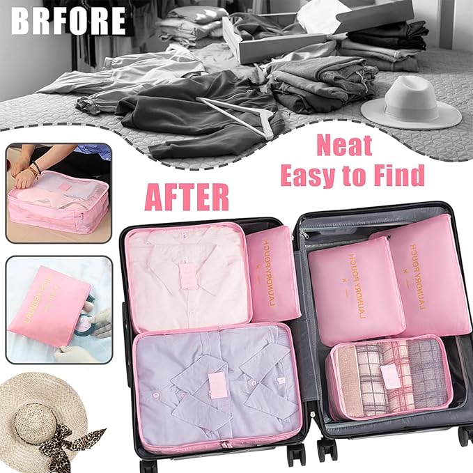 6 Set Packing Cubes for Travel Luggage Packing Bags Reusable Waterproof Suitcase Organizer Bags Set with Shoe Bag and Toiletry Bag (Pink)