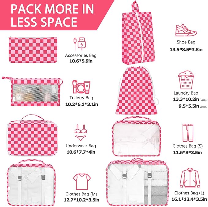 KPX 8 Set Packing Cubes for Travel, Luggage Packing Organizers Accessories Large Toiletries Bag for Clothes Shoes Cosmetics (8Set-Rose Checkered)