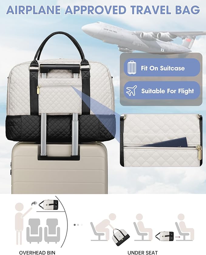 Weekender Travel Duffle Bag for Women: Overnight Bags with Shoe Compartment Carry on duffel Bag for Airplanes with 2 PCS Toiletry Weekend Yoga Gym Hospital Bag with Wet Pocket Black Beige