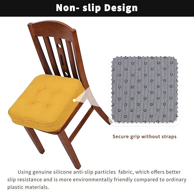 GOFORIT Memory Foam Cushion，Square Seat Cushions for Dining Chairs,Non-Slip Chair Pads with Removable Cover, 16'' x 16'', Yellow