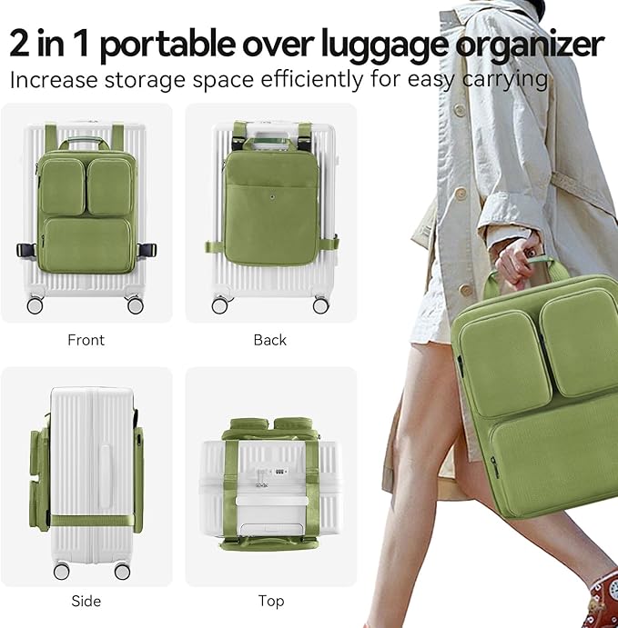 SOKOK Over Luggage Organizer Storage Bag with Multi Pockets, Slide On Luggage Harness with Adjustable Straps, 2-in-1 Travel Accessories Suitcase Vest Bag Fits Most Suitcases, Green-3