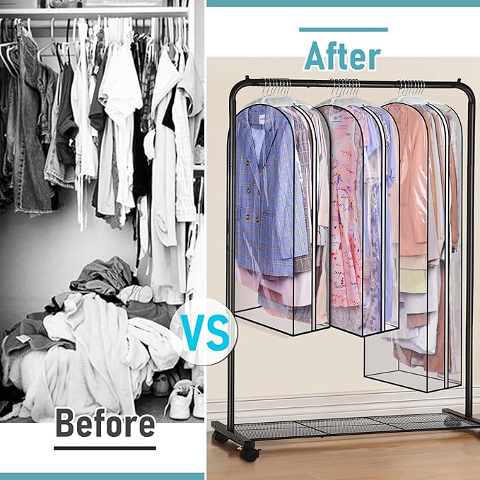 MISSLO 10" Gusseted All Clear Garment Bags for Hanging Clothes 40"+60" Suit Bags for Closet Storage Dresses Protectors for Shirts, Coats, Gowns, 3 Packs