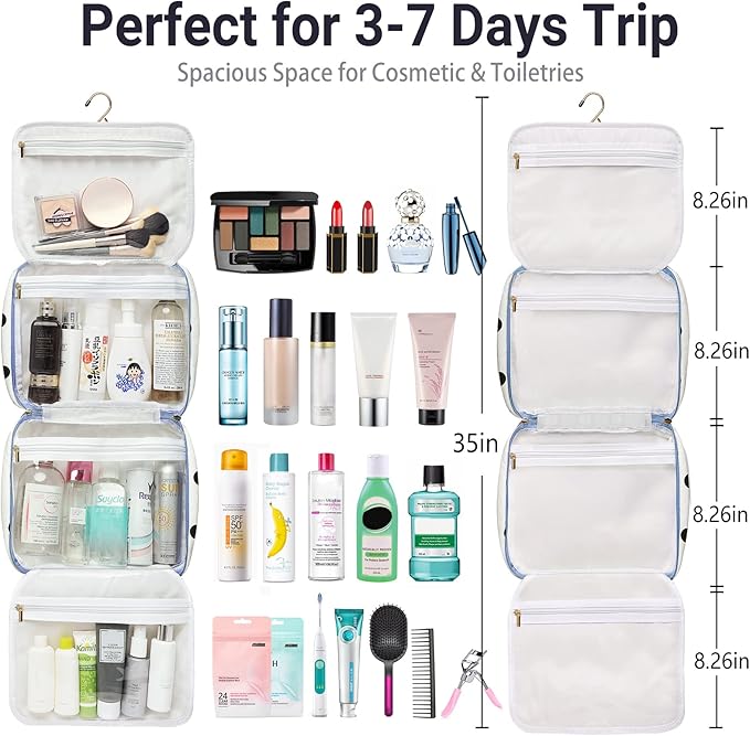 Bosidu Hanging Travel Toiletry Bag,Large Capacity Cosmetic Travel Toiletry Organizer for Women with 4 Compartments & 1 Sturdy Hook,Perfect for Travel/Daily Use/Christmas