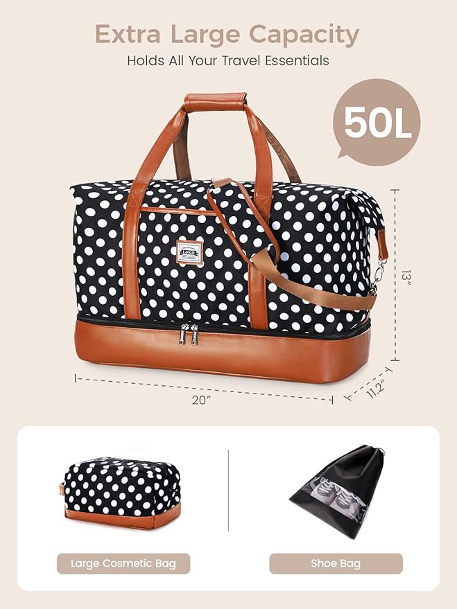 Travel Duffle Bag, Weekender Bags for Women Carry On Travel Bag Overnight Bag with Shoe Compartment Toiletry Bag, Large Weekend Tote Bag Gym Bag Hospital Bag for Labor and Delivery 50L, Dots