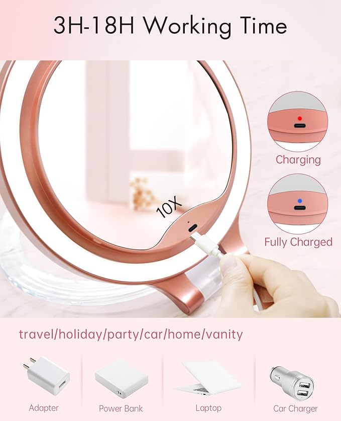 FASCINATE Magnifying Mirror 10X 1X Double Sided Magnification, Makeup Vanity Mirror Rechargeable Lighted with 3 Color Setting Adjustable Rotation LED Vanity Desk
