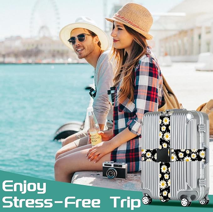 Slohif Luggage Straps for Suitcases Travel Belt Accessories Luggage Connector Identifiers 2 Pack Over Handle with Buckle Unique Nylon Adjustable Strap for Sleeping Bag Car Seat Daisy
