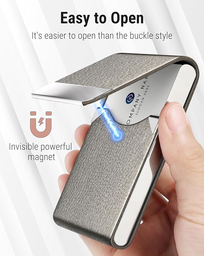 MaxGear Business Card Holder, Slim PU Leather & Stainless Steel Business Card Case for Men & Women, RFID Blocking Name Card Holder with Magnetic Closure, Gray
