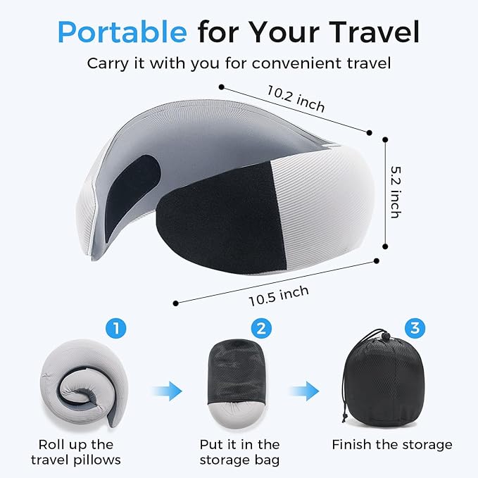 Travel Pillows, 100% Pure Memory Foam Neck Pillow for Airplanes, 360° Head Support, Ergonomic Design, with 3D Eye Mask, Earplugs and Storage Pouch, Airport Travel Essentials for Office, Airplane, Car