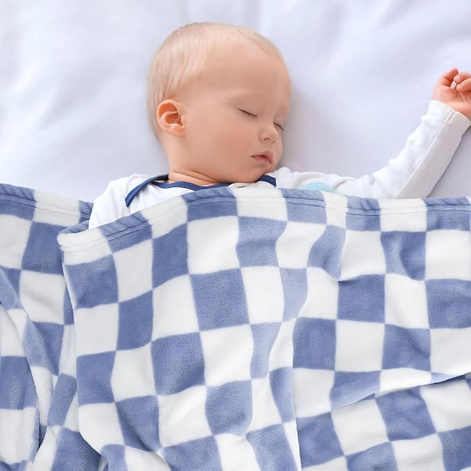 Plush Checkered Baby Blanket for Boys Girls Nursery, 30"*40" Warm Short Fleece Blanket Neutral for Infant Newborn, Small Fuzzy for Sleeping, Chenille or Stroller (Dark Blue&White)