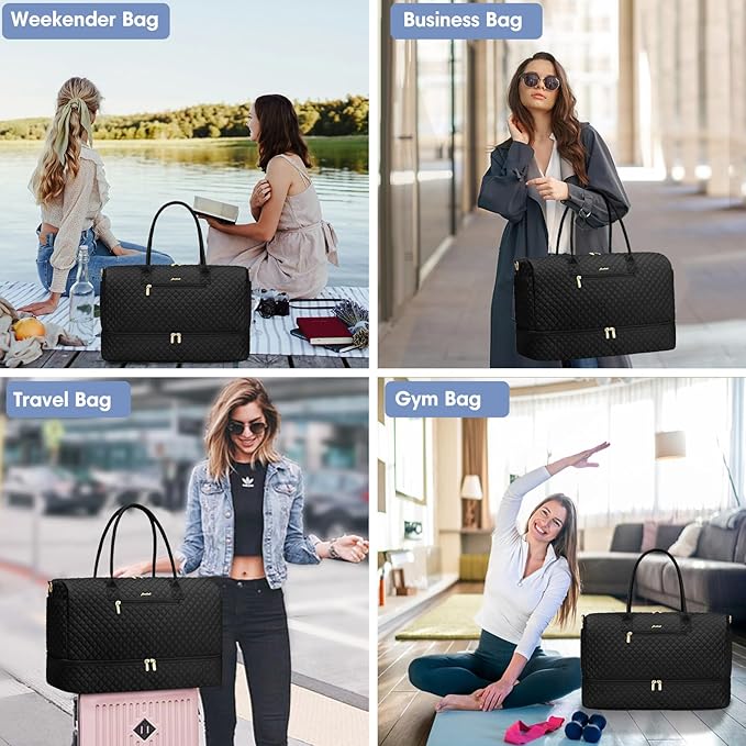 Travel Weekender Duffle Bags for Women - Large Carry On Bag with Shoe Compartment Overnight Bag with Toiletry Bag Duffel Bags with Wet Pocket for Gym Hospital Bags for Labor and Delivery Black