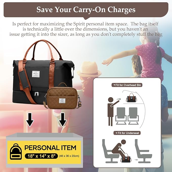 Weekender Bags for Women,Travel Duffle Overnight Bag with Shoe Compartment,Personal Item Carry On Bag,Black & Brown,Large,3 Pcs Set