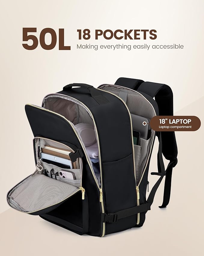 LOVEVOOK Travel Backpack for Women & Men 50L,Airline Approved Carry On Backpack Travel Essentials,TSA Carry on Luggage,Waterproof Personal Item Travel Bag,Suitcase with 3 Packing Cubes,Black-Black