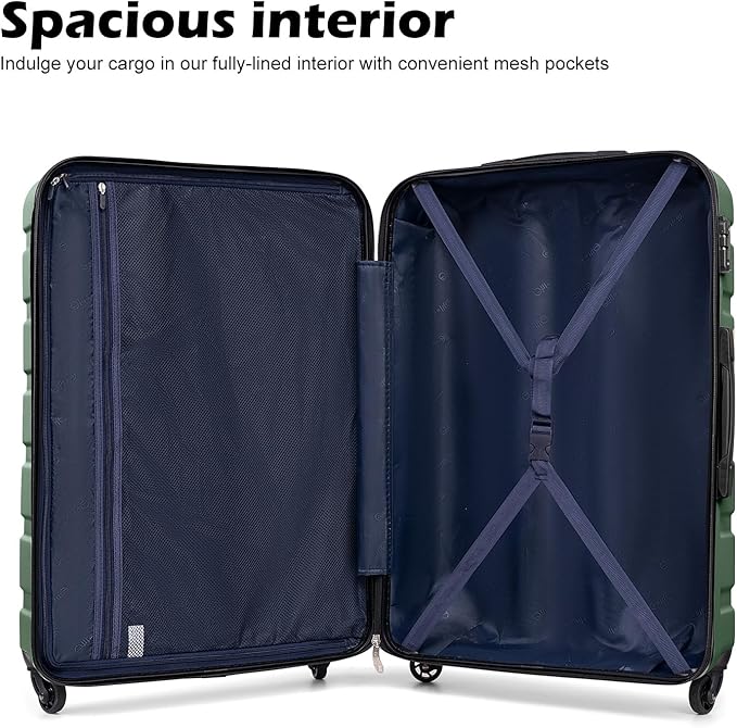 Coolife Luggage 3 Piece Set, Lightweight Durable Hardshell Suitcase set with 360° Spinner Wheels, TSA-approved Lock, Checked Family Travel Luggage sets, 20/24/28 Inch, Dark Green