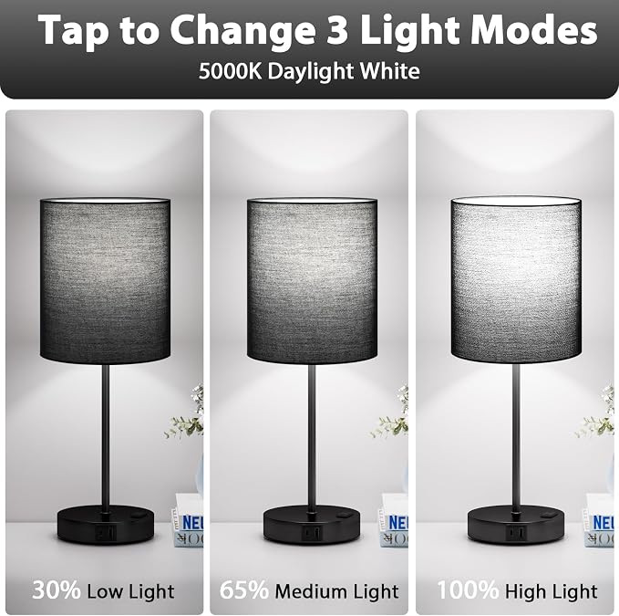 17.6" Black Touch Lamps for Bedroom Set of 2 - Dimmable, USB C+A, AC Outlet | Large 17.6" Tall Lamp, 3-Way Dimming, 5000K Daylight Bulbs, Black Lampshade Black Base, for Living Room, Boys, Men, Girls