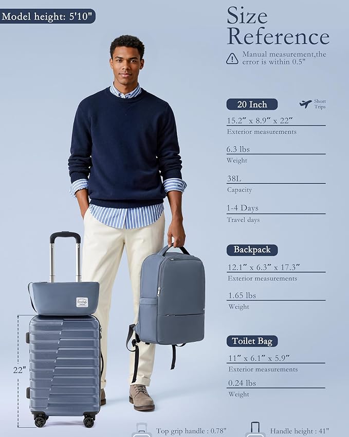 Coolife Luggage Sets 3 Piece, 20In Carry On Luggage with Spinner Wheels PC Hardside Suitcase Set with Travel Backpack (Blue, Backpack/TB/20)