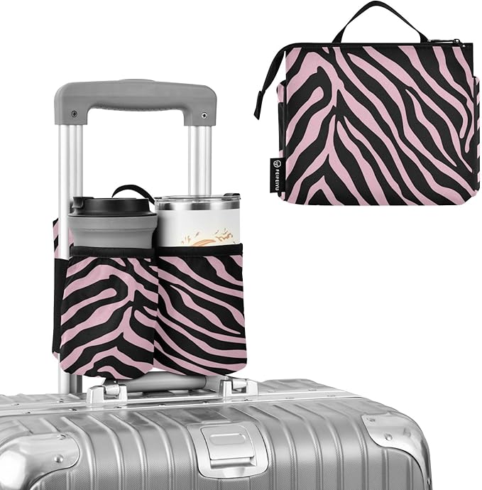 Pink Zebra Print Luggage Cup Holder Travel Portable Free Hand Drink Carrier Suitcase Drinks Beverage Holder Carry-On Bottle Mug Holder Organizer Bag Travelers Accessories