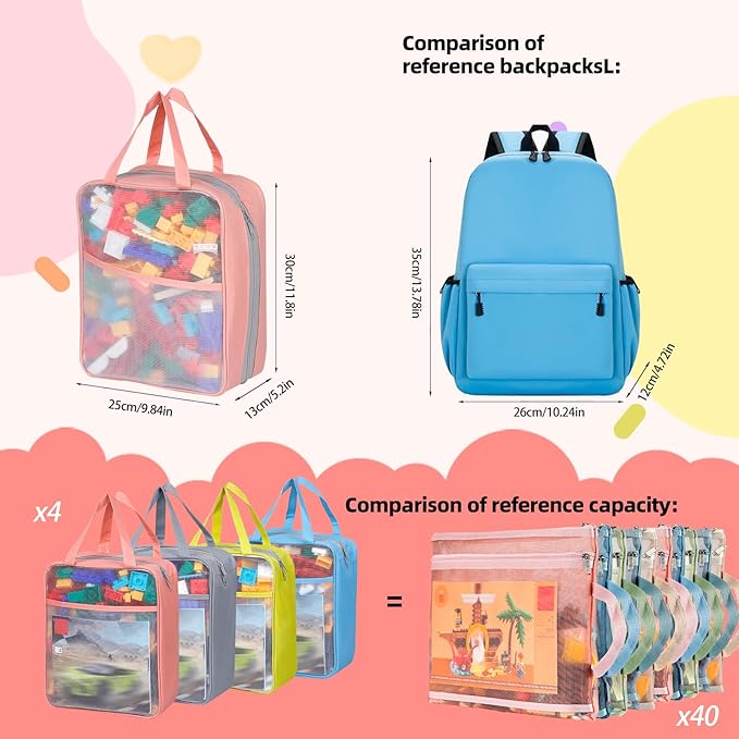 4 Pack Extra Large Mesh Toy Zipper Storage Bags(11.8 * 9.8 * 5.2in),Magnetic Tiles Block Sets Plush Toy Storage Organizer with Pockets, Travel Breathable See Through Colored Pouch with Handle