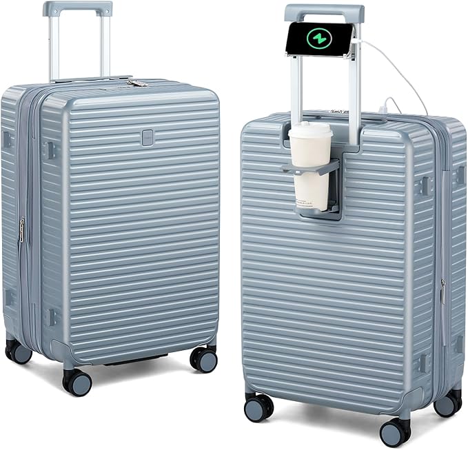 HanTrip Hard Shell Suitcases 24 Inch Check in Luggage with Spinner Wheels, Expandable Travel Luggage with Cup Holder Charger Built in, Checked Medium Suitcase Lightweight Suitcases, Silver