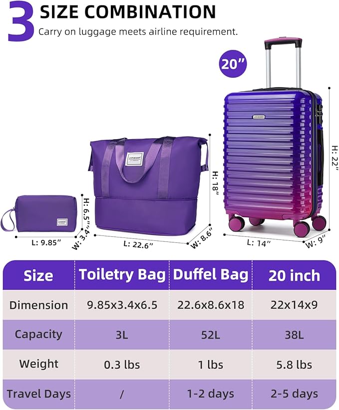 LARVENDER Carry on Luggage 22x14x9 Airline Approved, Expandable 20 Inch Hardside Suitcase with Wheels TSA Lock, PC+ABS Lightweight Carry on Suitcases for Women, Midnight Berry (20/DB/TB)
