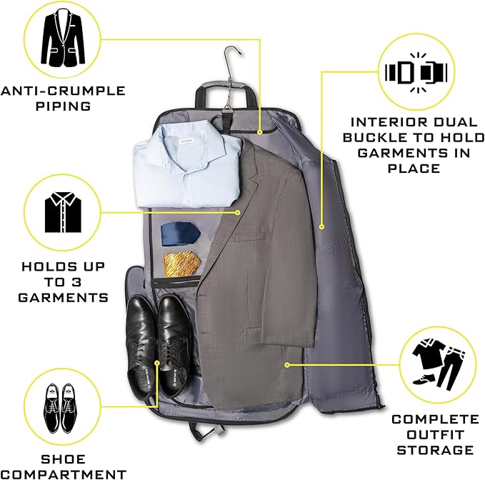 ZEGUR Premium Suit Garment Bag Carry On - Hangs 4 Suits - Travel & Business with Shoulder Strap and Laptop Compartment