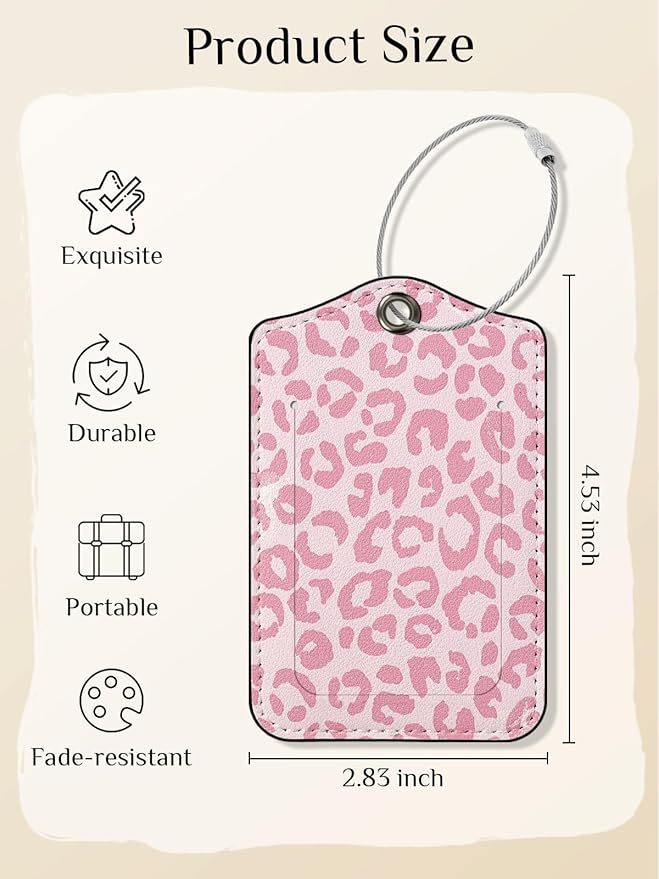 Seorsok 2 PCS Luggage Travel Tags for Suitcases,Cute Pink Leopard PU Leather Name Tag with Privacy Cover&ID Label Address Card and Durable Metal Ring Suitable for Men Women Handbags Backpack,Pink