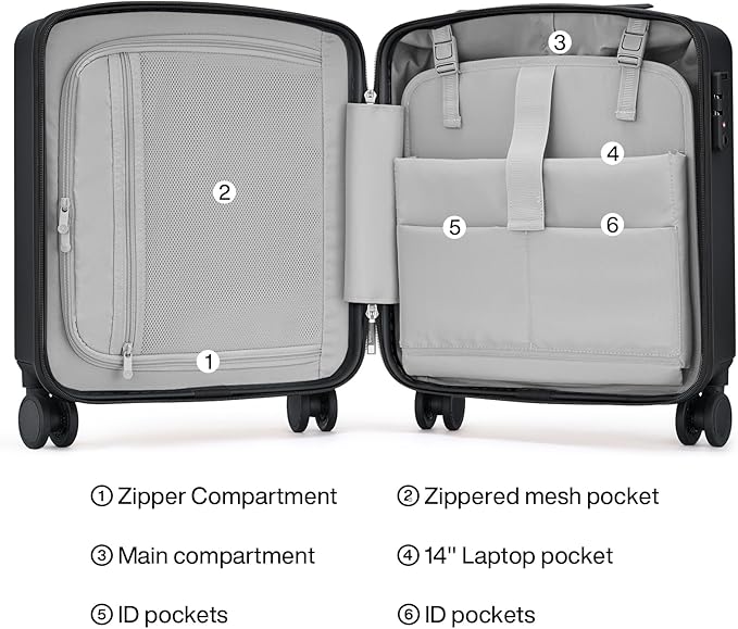 Hanke 16 Inch Underseat Carry On Luggage, Airline-Approved Hard Shell Small Suitcase with Spinner Wheels, Lightweight Tsa Lock Travel Luggage for Short Trips(Jet Black)