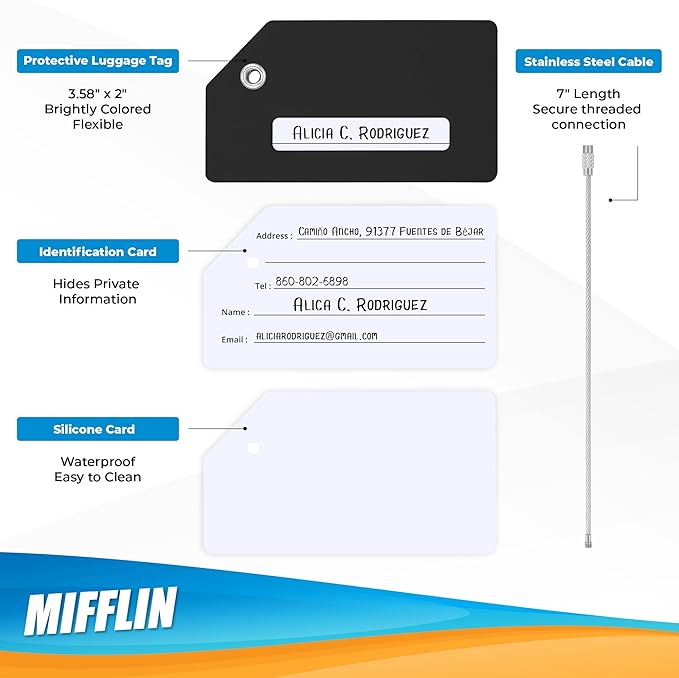 Mifflin-USA Silicone Luggage Tags (Black, 2 Pack) with Plane Embedded Design & Name ID Card; Bright Colors to Quickly Find Your Bag