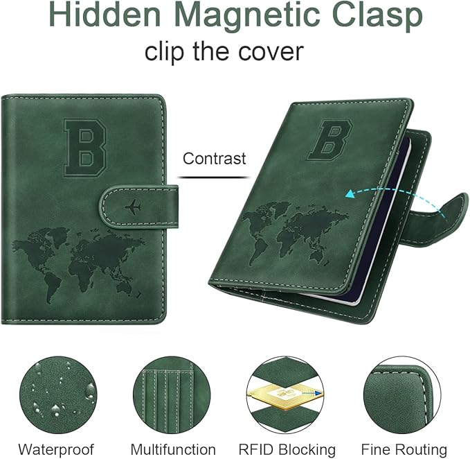 Personalized B Passport Holder Cover Initial Letter Travel Wallet RFID Blocking Passport Cover Credit Card Holder Case Passport Book Holders for Women and Men, Pine Green-B