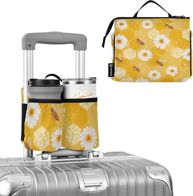 Luggage Cup Holder for Suitcases Free Hands Travel Cup Holder Portable Suitcase Cup Drink Holder Luggage Cup Caddy Bag Carrier Yellow Beeswax Bee Daisy01